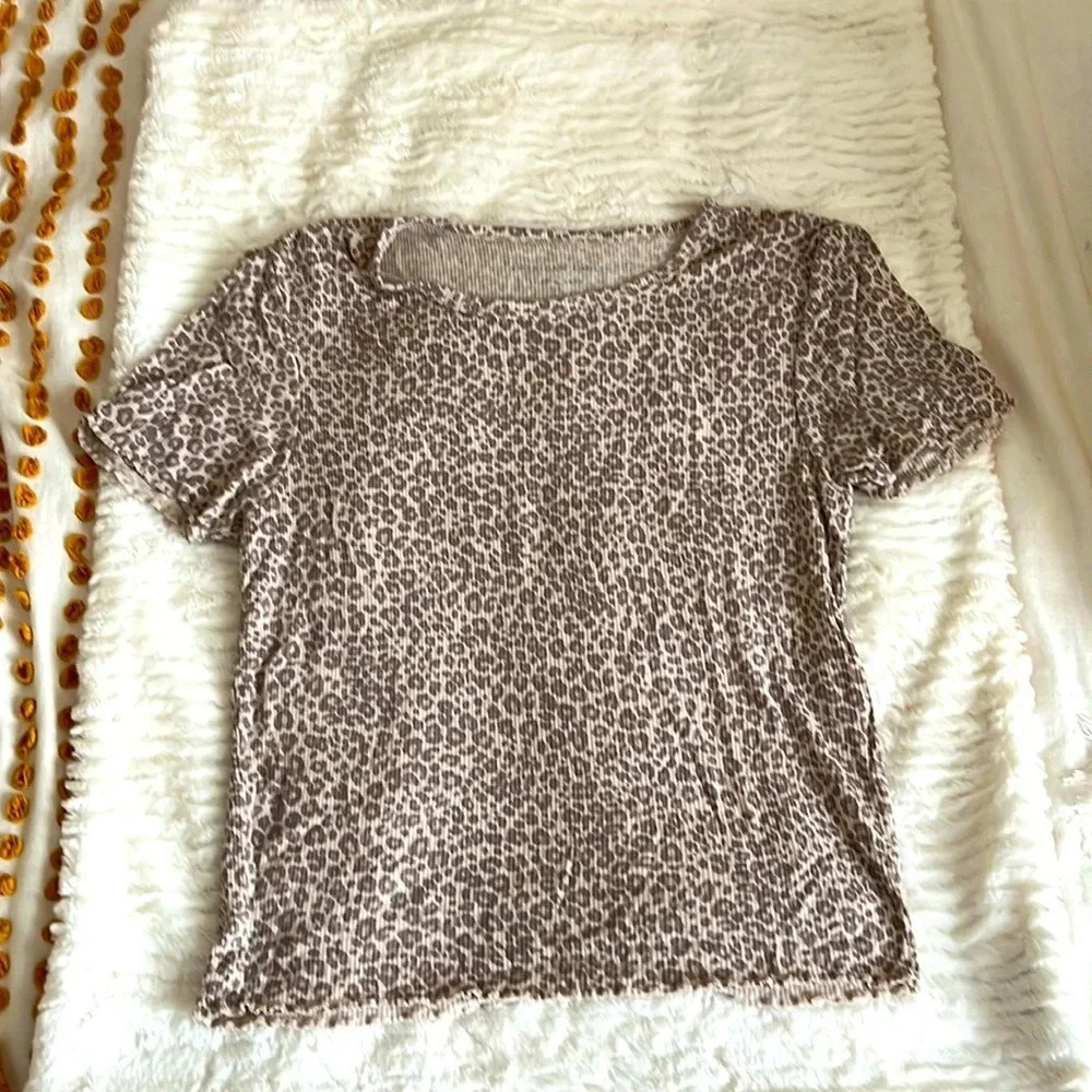 American Eagle Outfitters Soft & Sexy Rib Cheetah Print Ruffled trim Top
